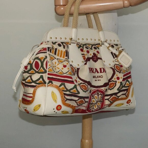 PRADA Hand Bag Canvas Beige Gold Auth - Picture 15 of 16